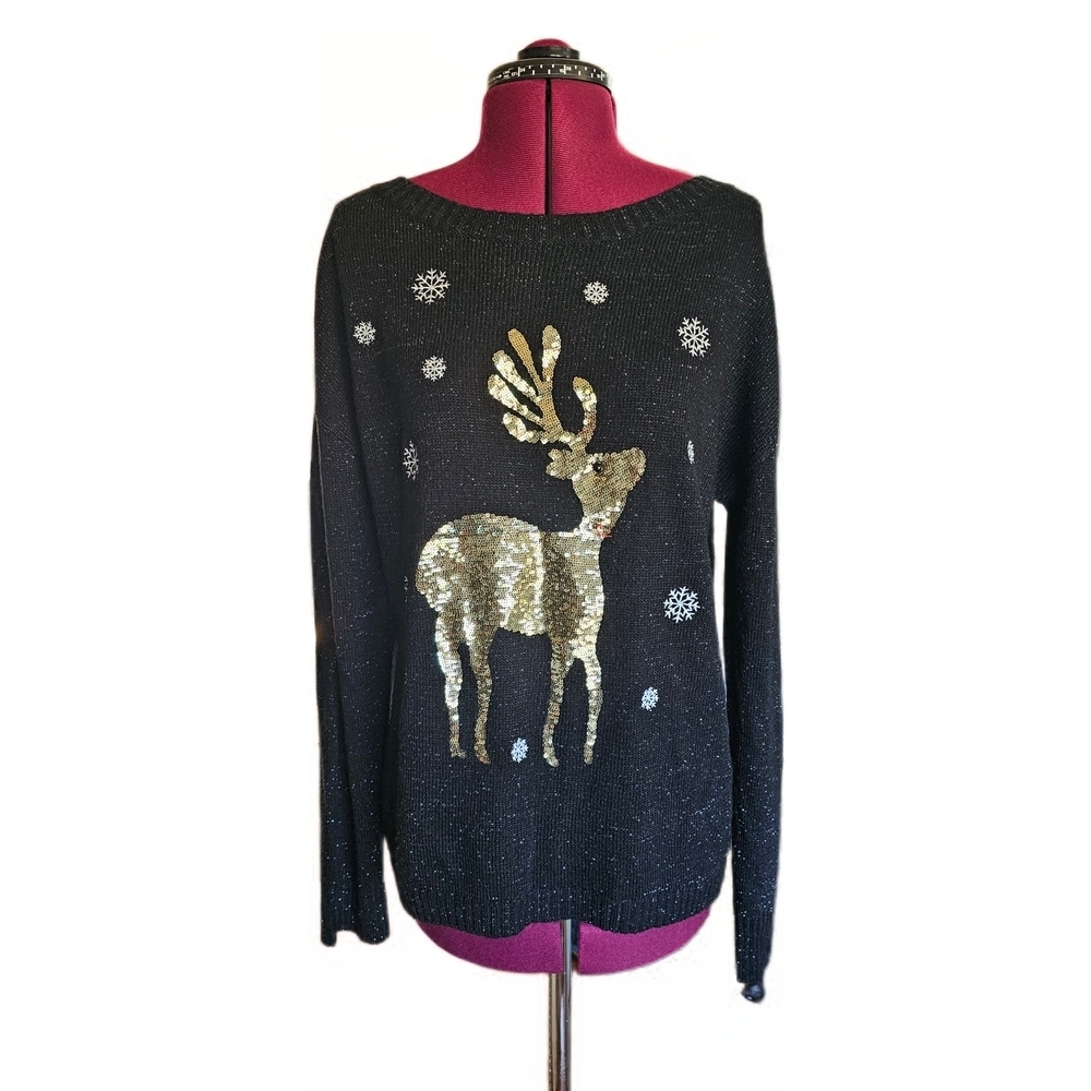 KAREN SCOTT Christmas  Whimsy Sweater Black w/ Speckles & Sequin Reindeer Size L
